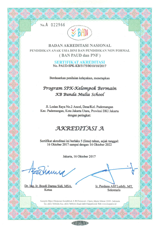 Certificate Of Accreditation KB Bunda Mulia School