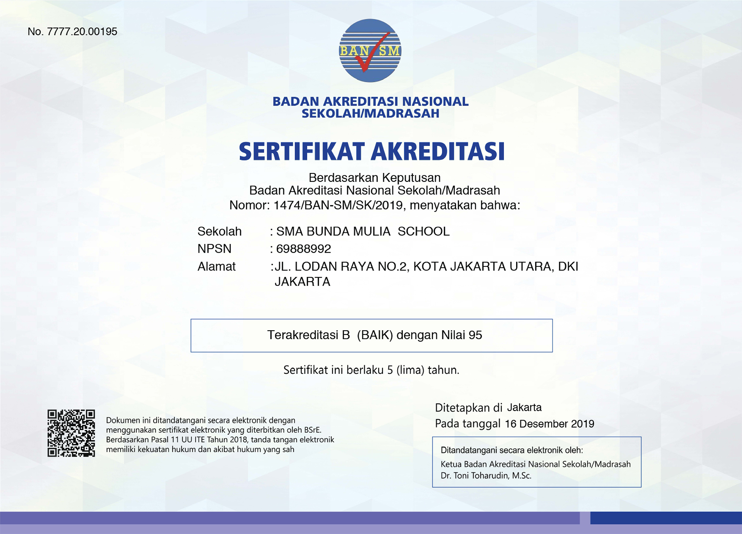 Certificate Of Accreditation SMA Bunda Mulia School